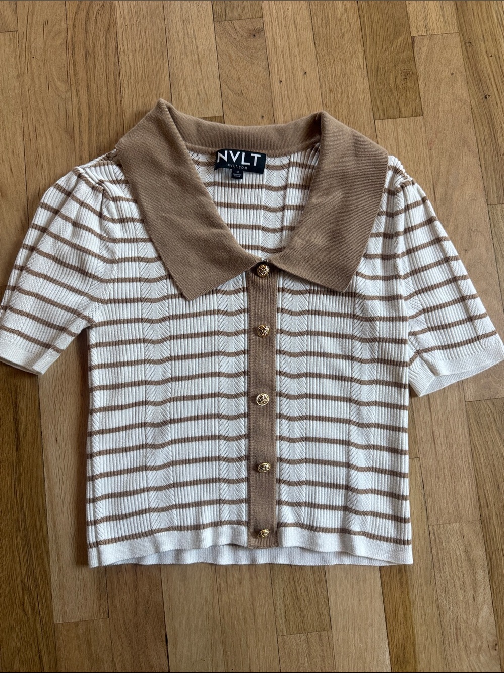 NVLT Cream and Brown Striped Polo Knit Top with Gold Buttons